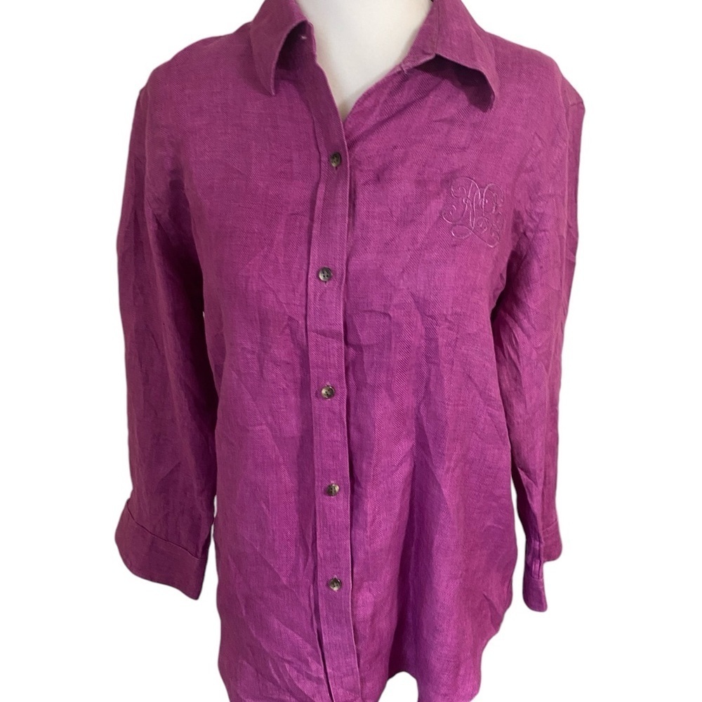 Ralph Lauren Black Label Linen Logo Button Down Fuchsia Blouse